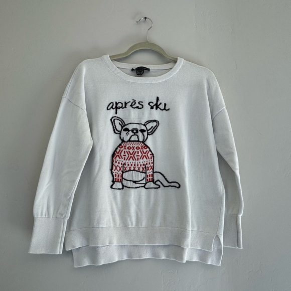 French Connection Apres Ski Frenchie Bulldog White Sweater. Wmn’s Sz Small - Picture 1 of 9